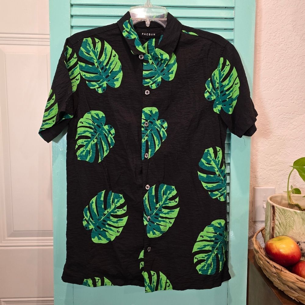 PacSun Black Shirt with Green Leaf Print